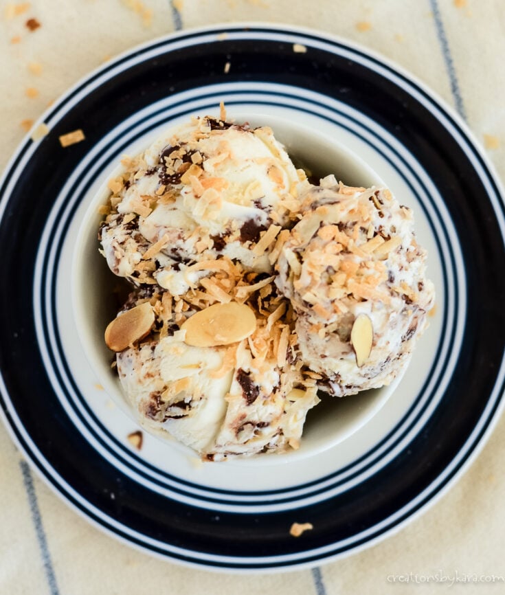 bowl of homemade almond joy ice cream