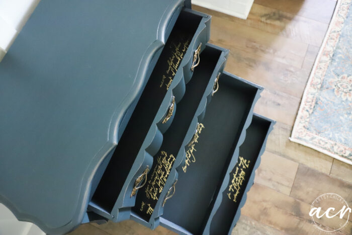 top view of open drawers to reveal transfers