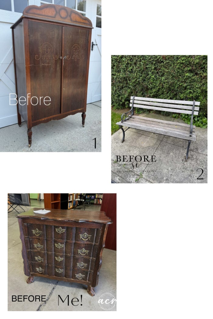 3 pieces of unfinished furniture, armoire, bench and small dresser