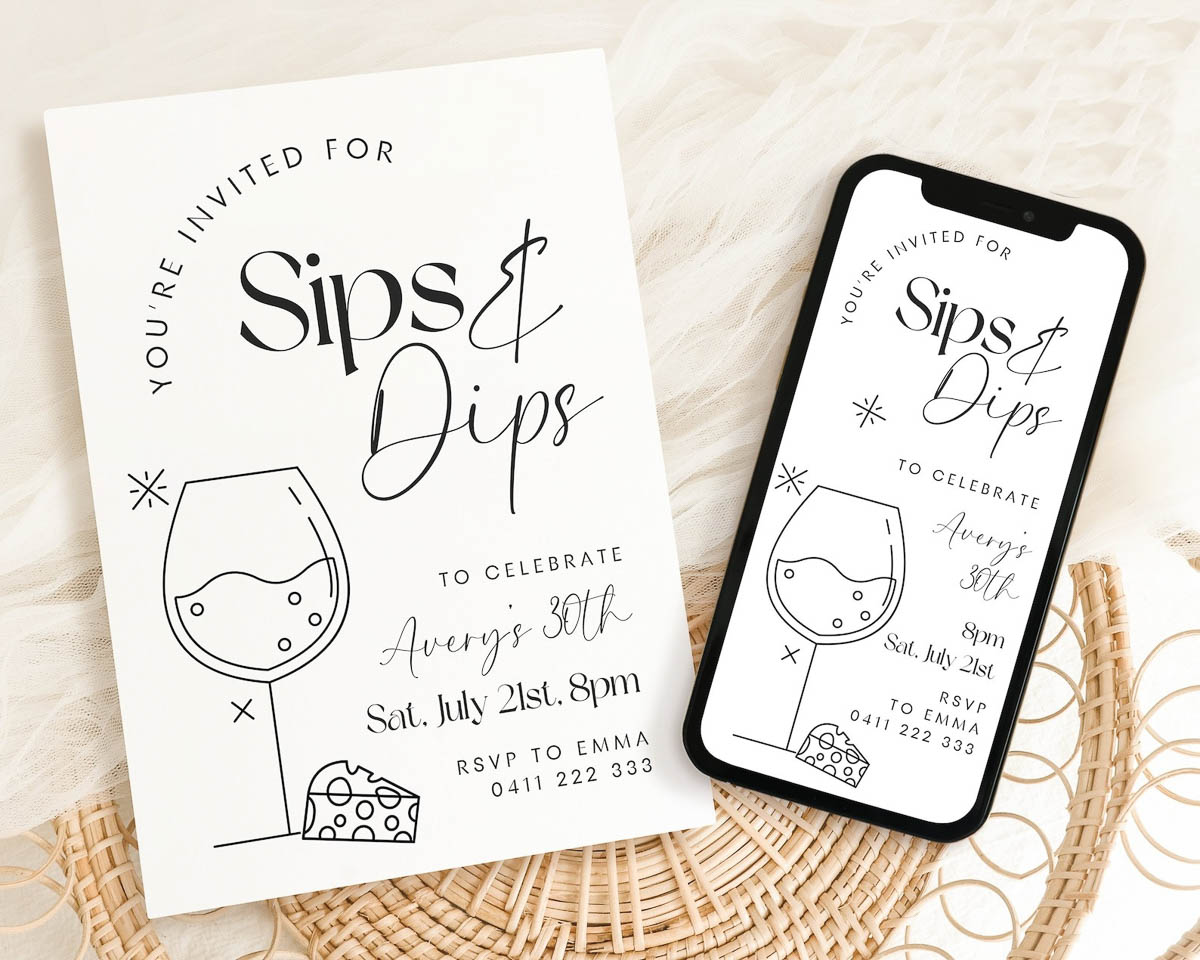 Samples of a charcuterie party invitation labeled Sips & Dips