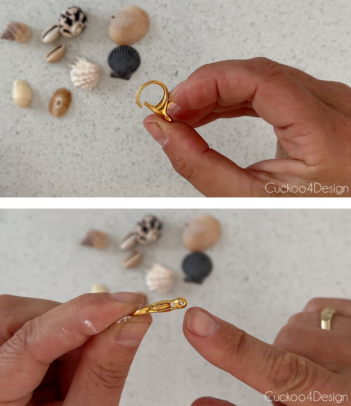 close-up of golden jewelry clasp used to make zipper pull charm