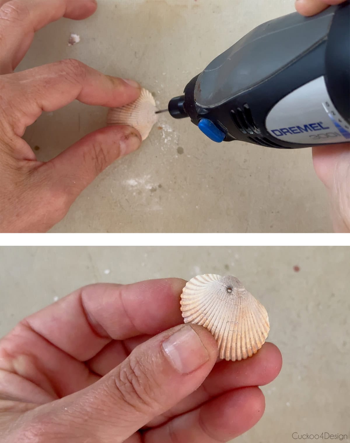 drilling a hole into small seashells with a Dremel