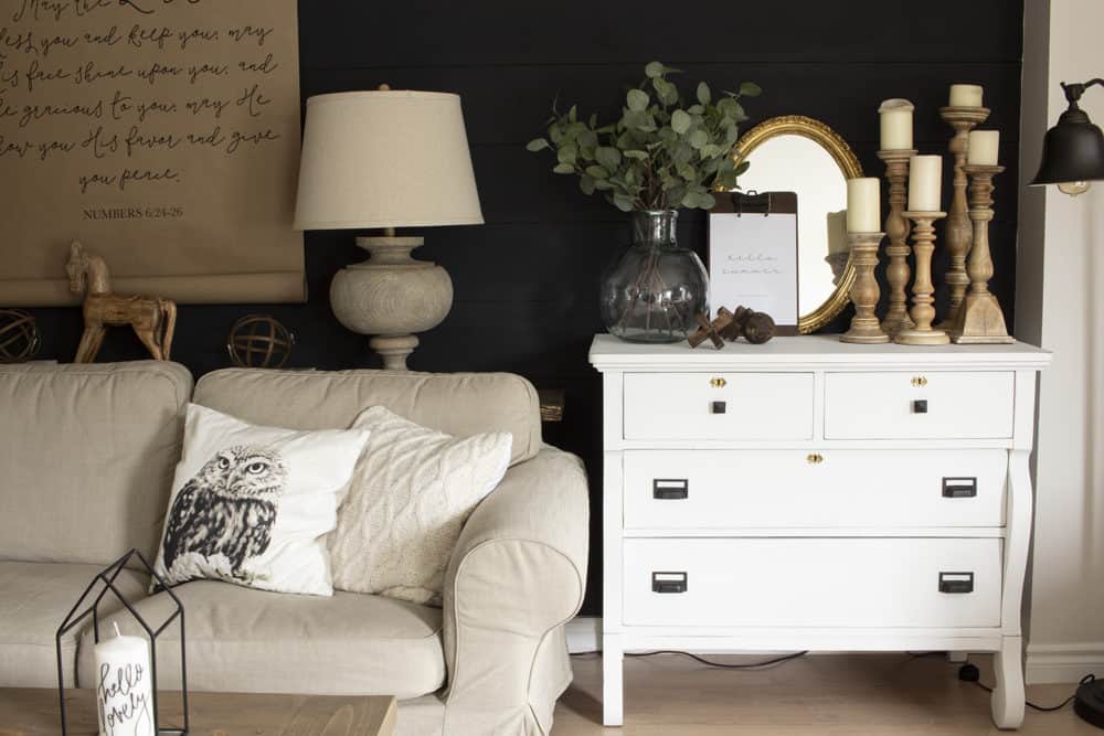 vingette with mirror on white dresser