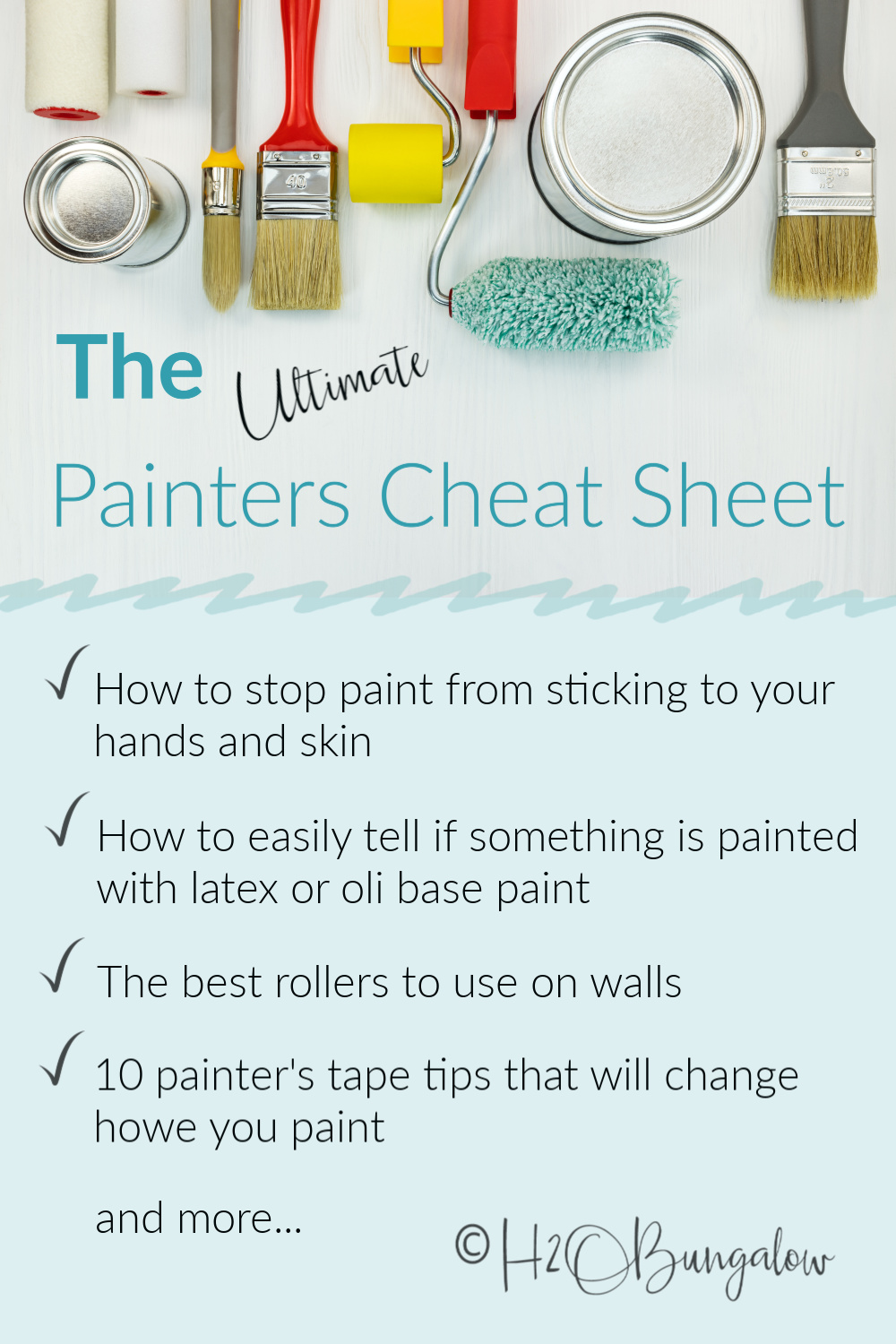 Genius painting tips and tricks that save time and money. Download tip cheetsheet for easy tips to paint home and furniture better, faster and easier. 35+ handy paint tips! #painttips #painting #DIYPaint #H2OBungalow