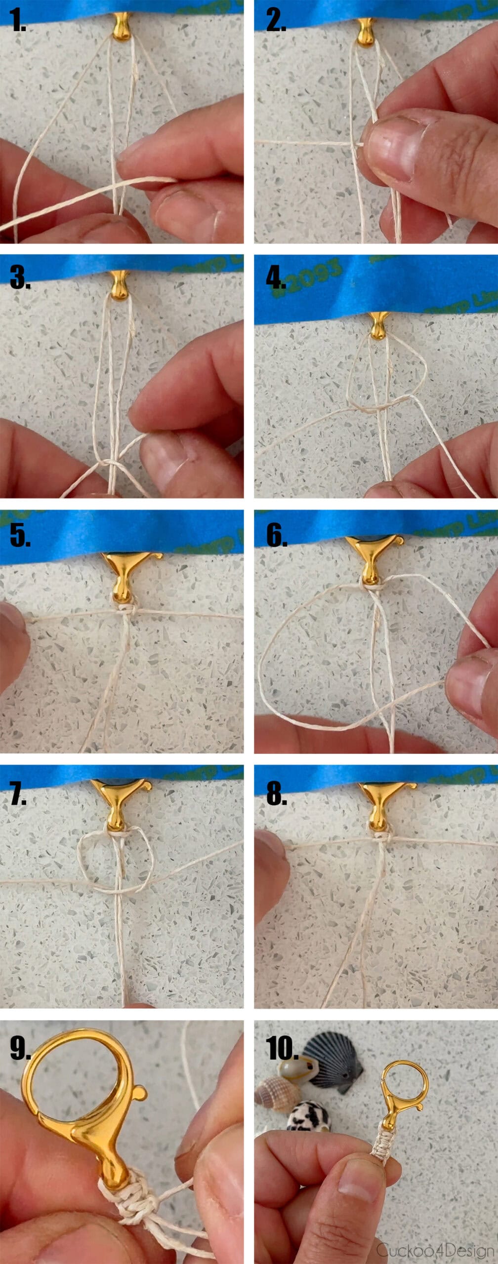 how to make a square knot with hemp cord to attach the charms to