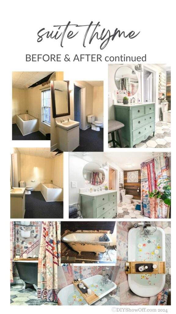 Before and after collage of Suite Thyme’s bathroom renovation in Butler, PA, featuring a clawfoot tub restoration, eclectic boho shower curtains, hex tile flooring, and a painted green dresser vanity.
