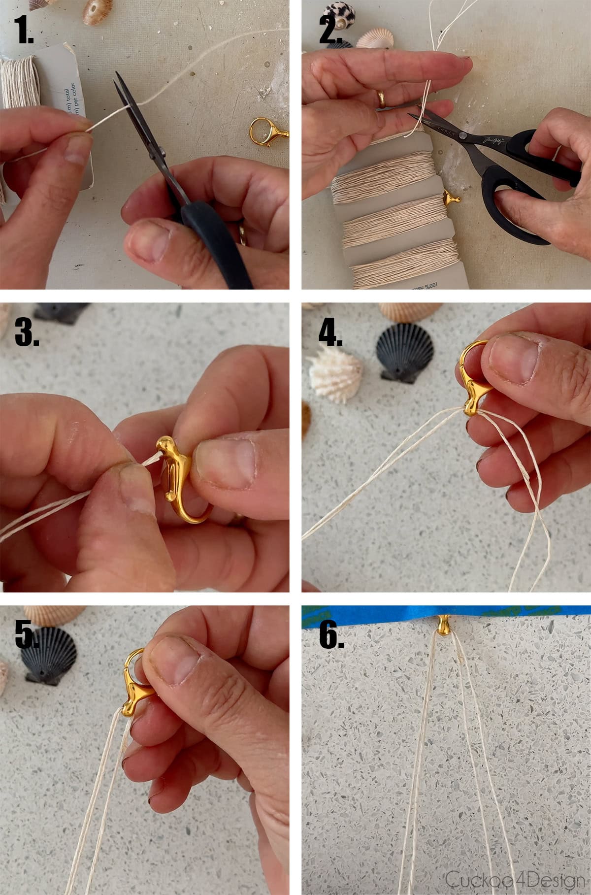 cutting two hemp cord pieces and threading them through the clasp hole