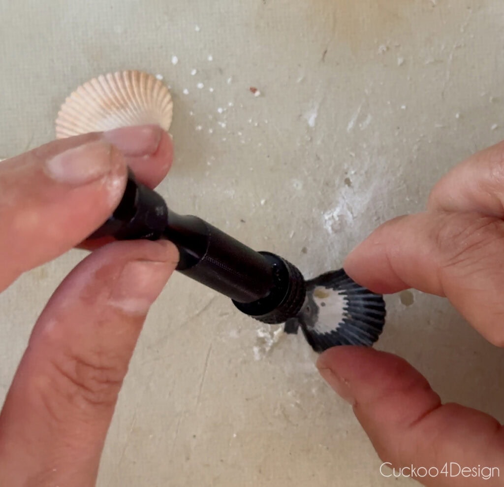 holding a small seashell while drilling a hole by hand with a micro hand drill